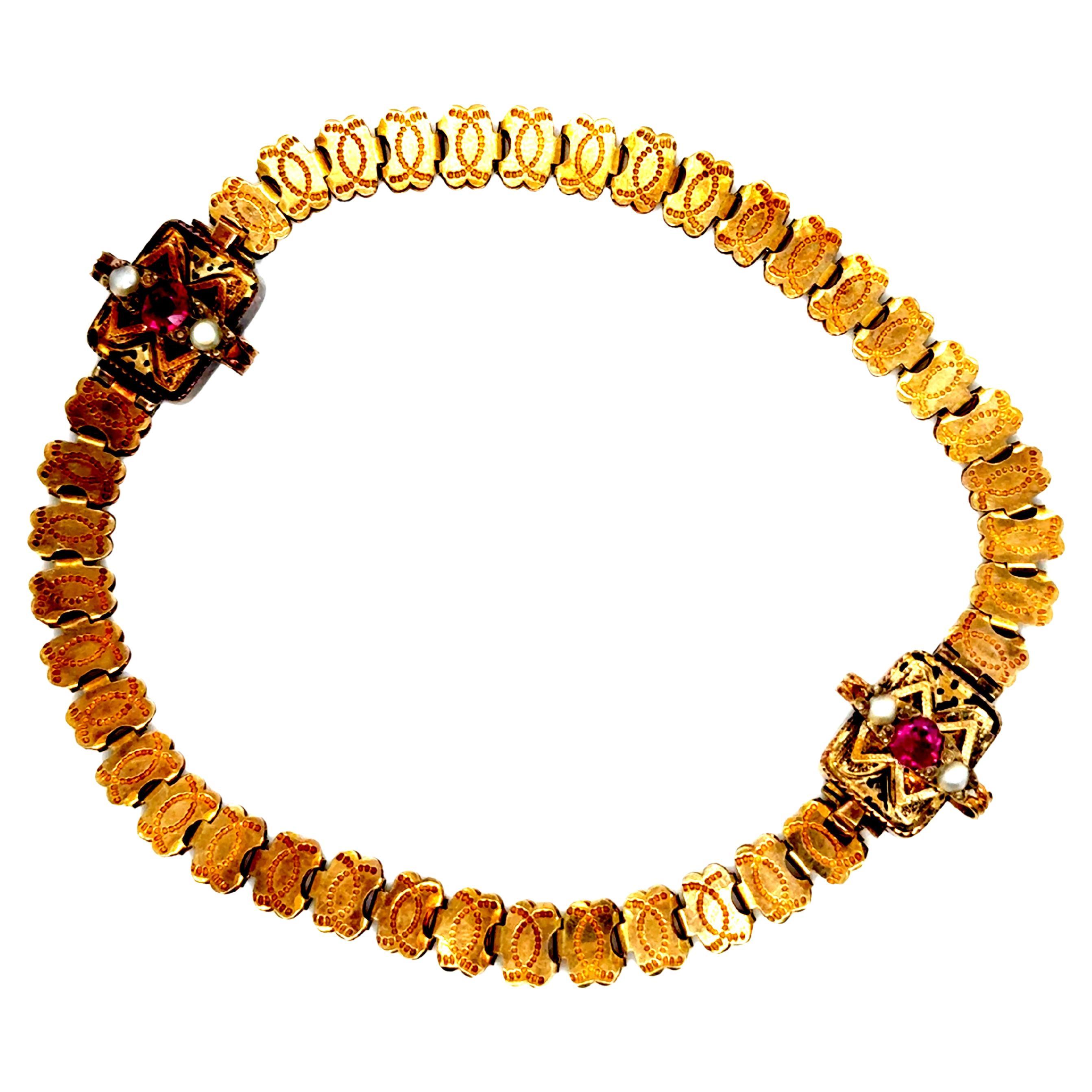 Victorian Ruby Pearl Bracelet 14K Yellow Gold Engraved Original 1870's