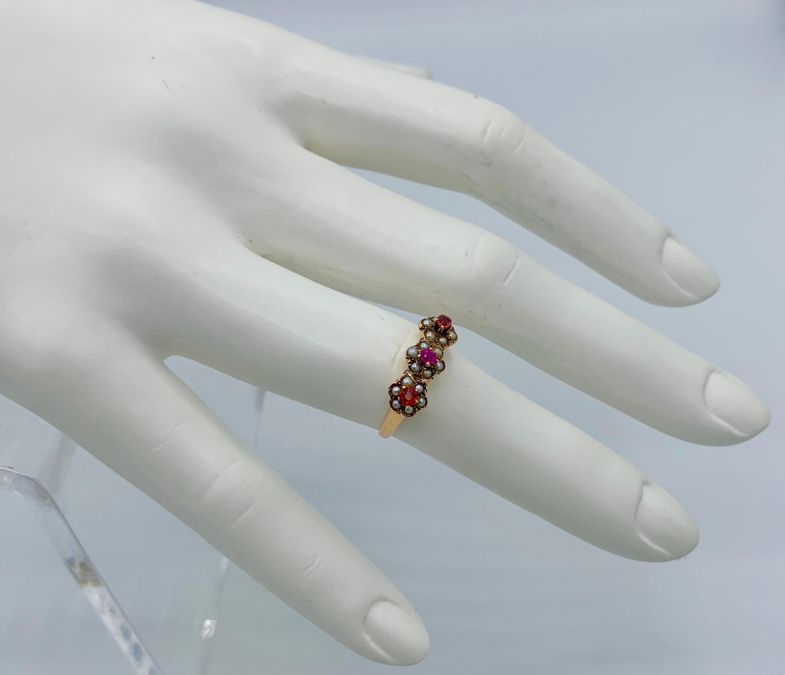 Round Cut Victorian Ruby Pearl Flower Ring Gold Antique  For Sale