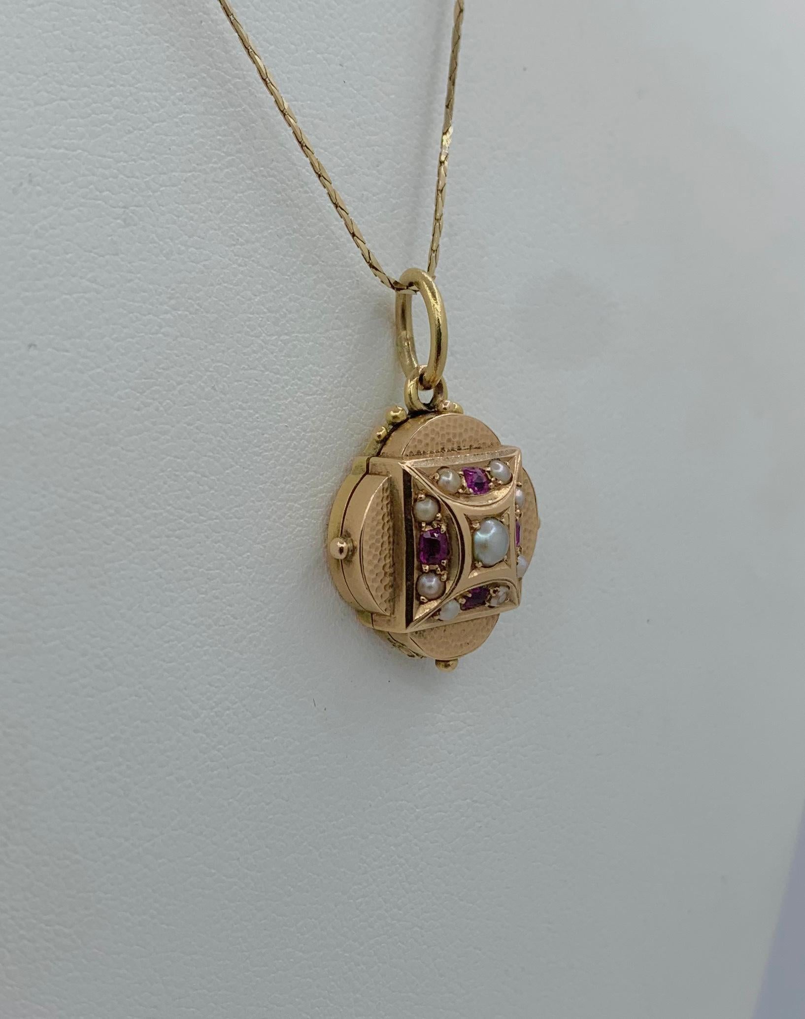 Victorian Ruby Pearl Locket 14 Karat Gold Pendant Necklace 7