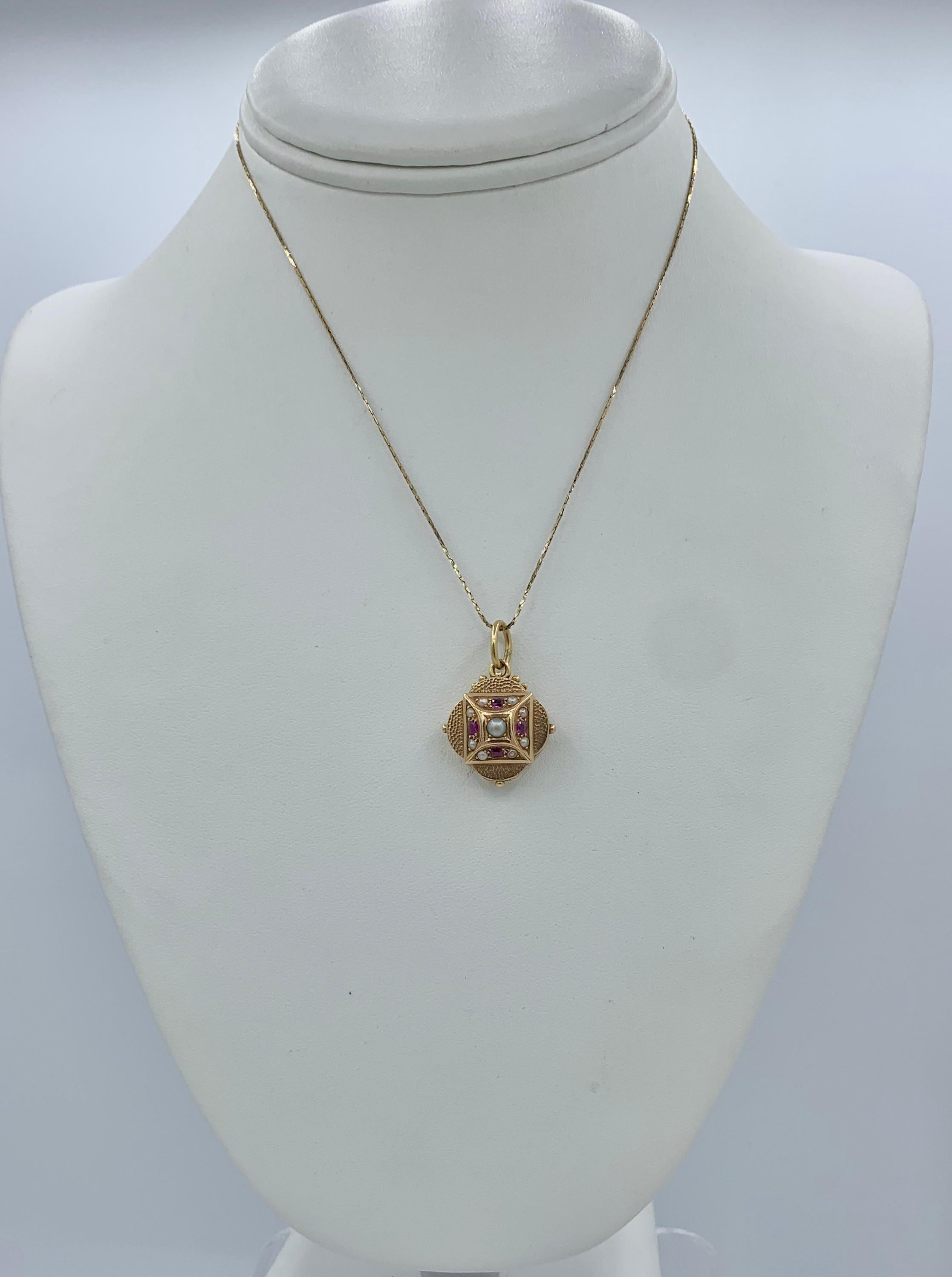 Oval Cut Victorian Ruby Pearl Locket 14 Karat Gold Pendant Necklace