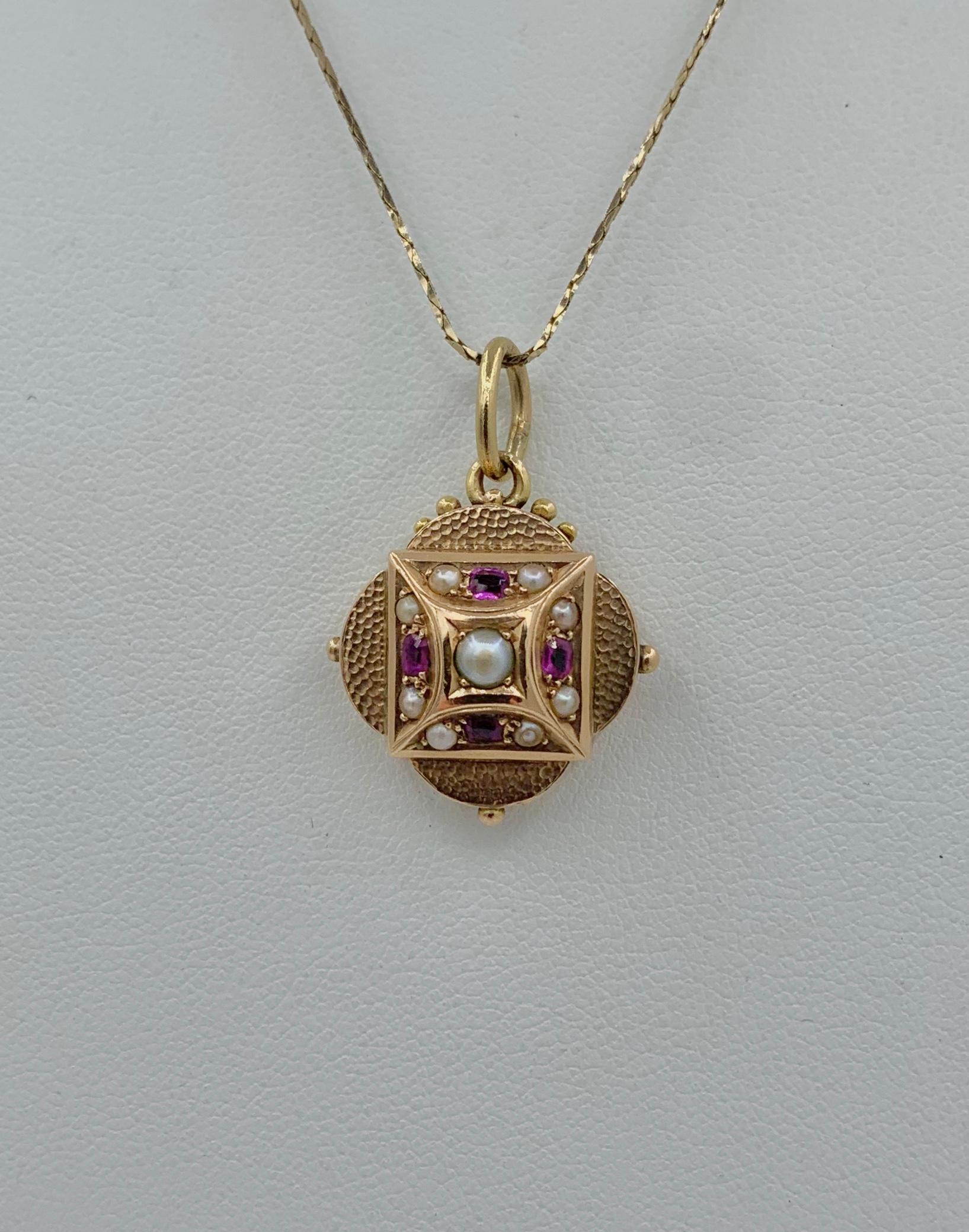 Victorian Ruby Pearl Locket 14 Karat Gold Pendant Necklace In Good Condition In New York, NY