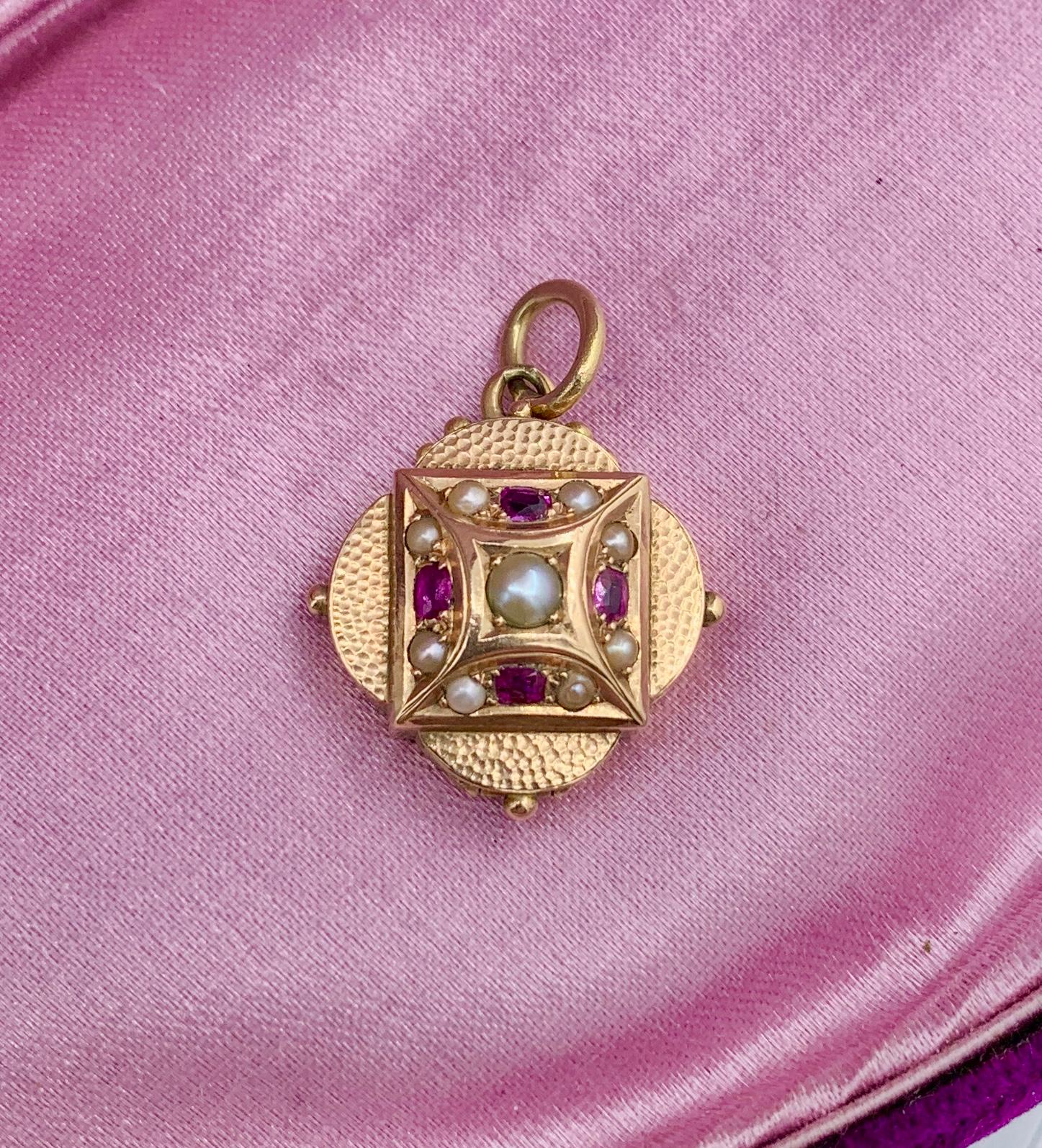 Women's Victorian Ruby Pearl Locket 14 Karat Gold Pendant Necklace