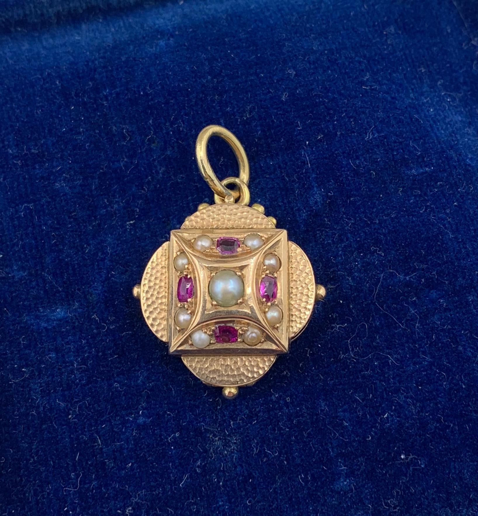 Victorian Ruby Pearl Locket 14 Karat Gold Pendant Necklace 1
