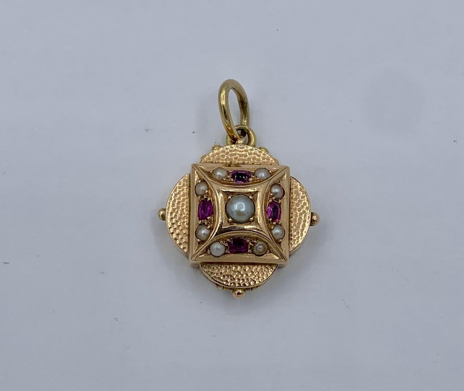Victorian Ruby Pearl Locket 14 Karat Gold Pendant Necklace 2