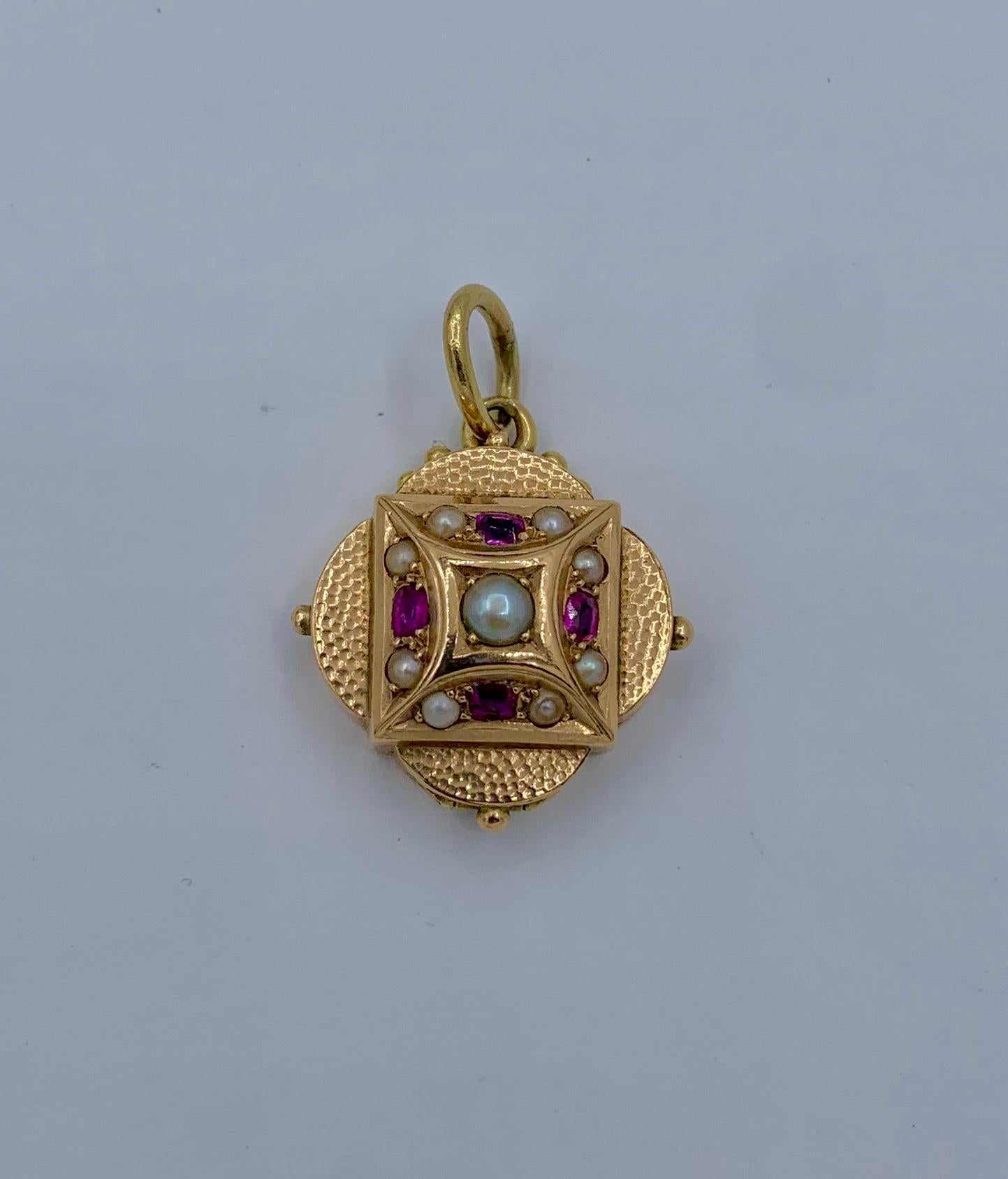 Victorian Ruby Pearl Locket 14 Karat Gold Pendant Necklace 3