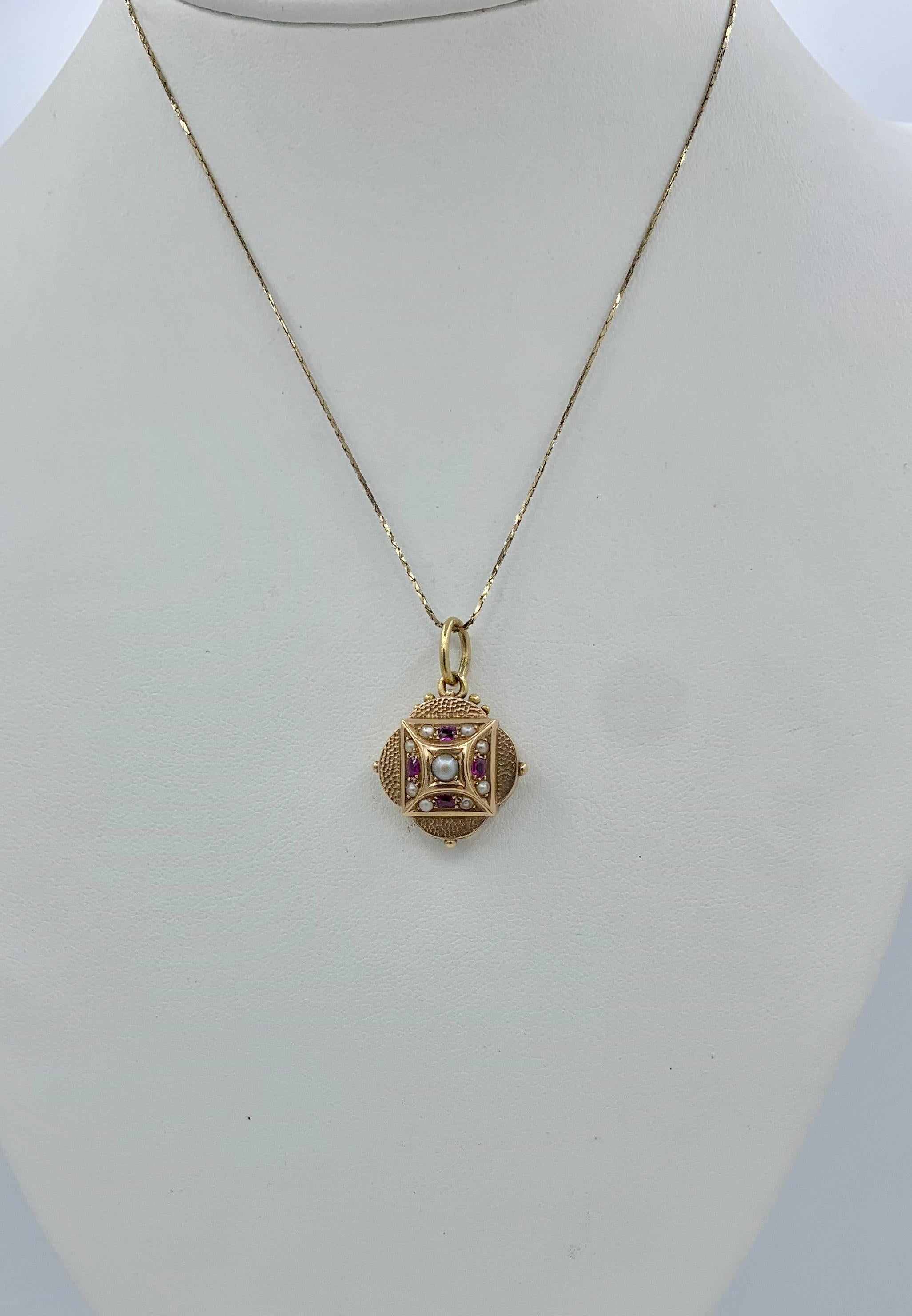Victorian Ruby Pearl Locket 14 Karat Gold Pendant Necklace 4