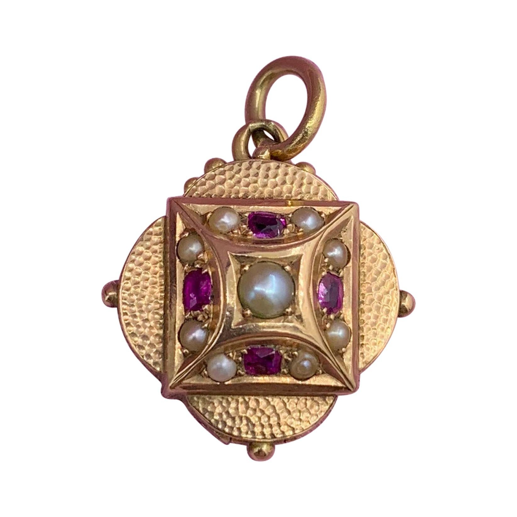 Victorian Ruby Pearl Locket 14 Karat Gold Pendant Necklace