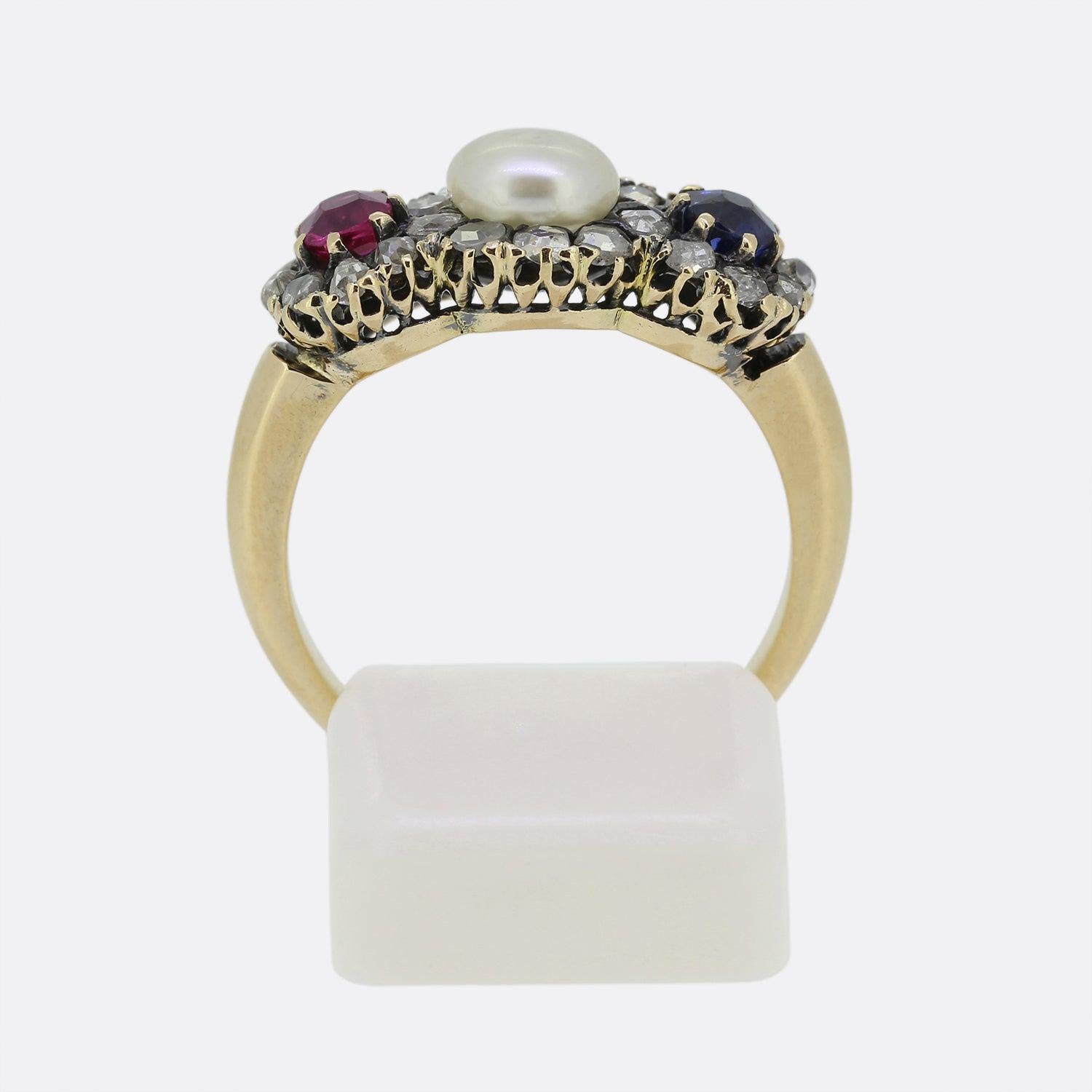 Women's Victorian Ruby Pearl Sapphire and Diamond Triple Cluster Ring For Sale