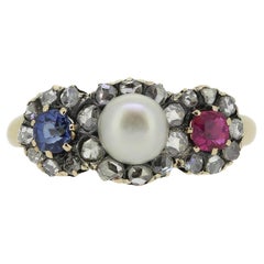 Antique Victorian Ruby Pearl Sapphire and Diamond Triple Cluster Ring