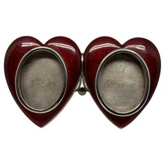 Antique Victorian Ruby Red Enamel and Sterling Silver Double Heart Photo Frame, 1895
