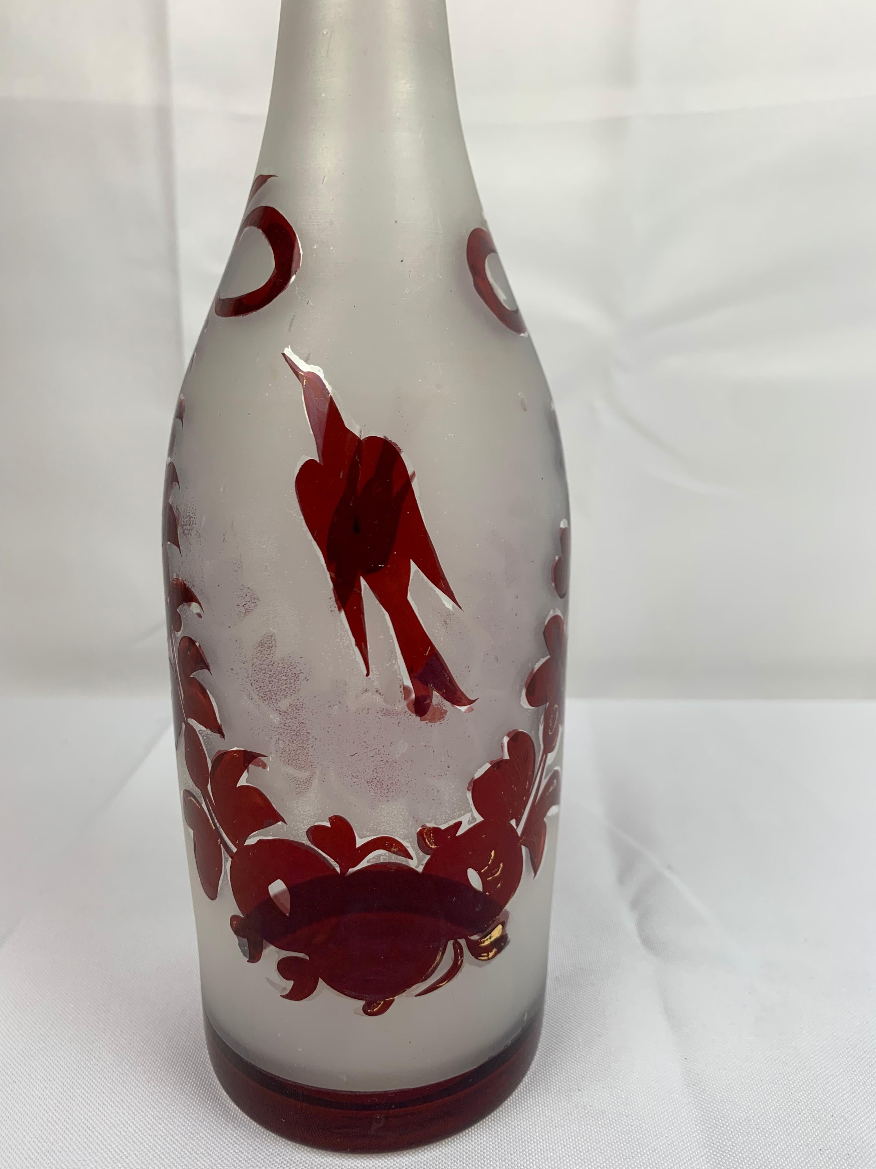 Czech Hand Decorated Victorian Ruby Red Wine Decanter with Stopper