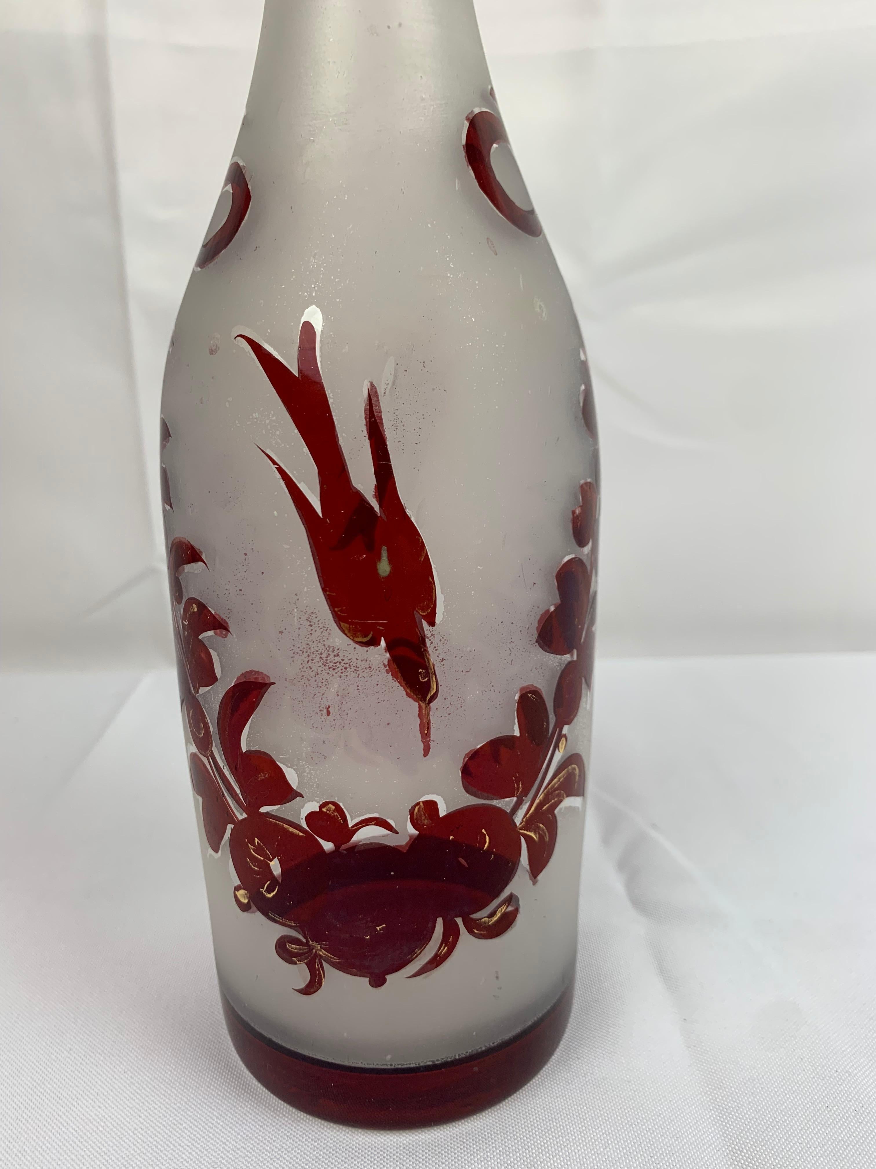 Hand-Painted Hand Decorated Victorian Ruby Red Wine Decanter with Stopper