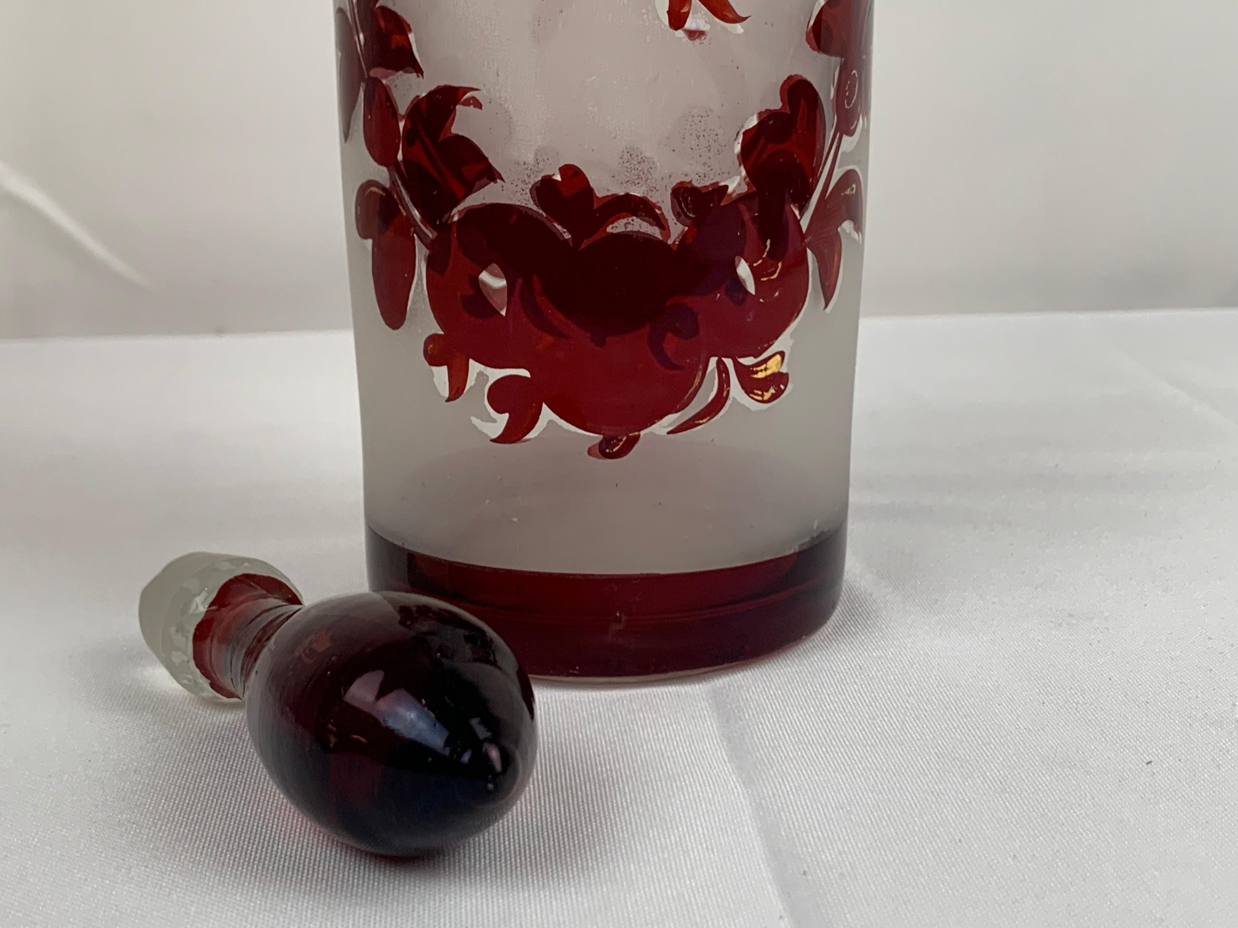 Hand Decorated Victorian Ruby Red Wine Decanter with Stopper In Good Condition In West Palm Beach, FL