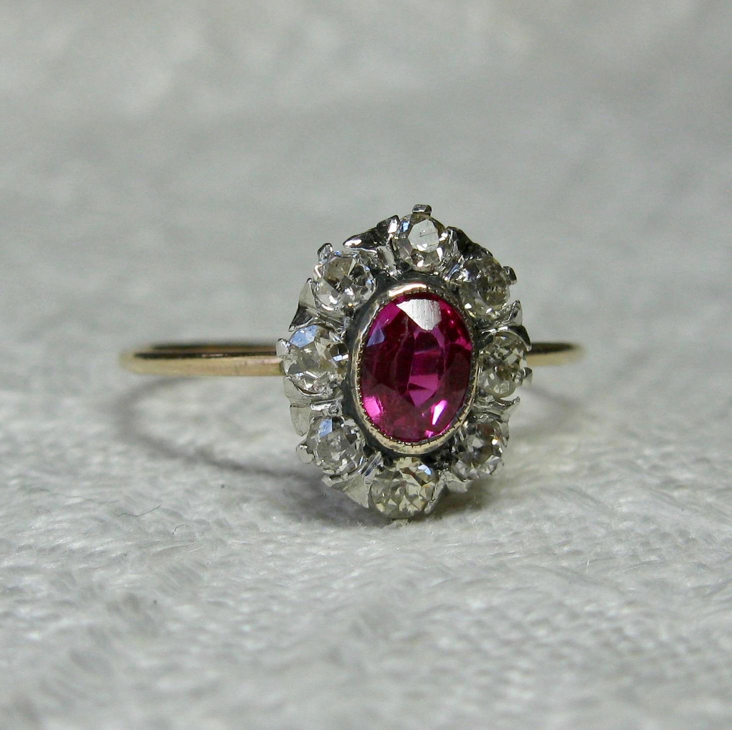 Victorian Ruby Ring Old Mine Cut Diamond Halo 14 Karat Gold Antique Engagement In Good Condition In New York, NY