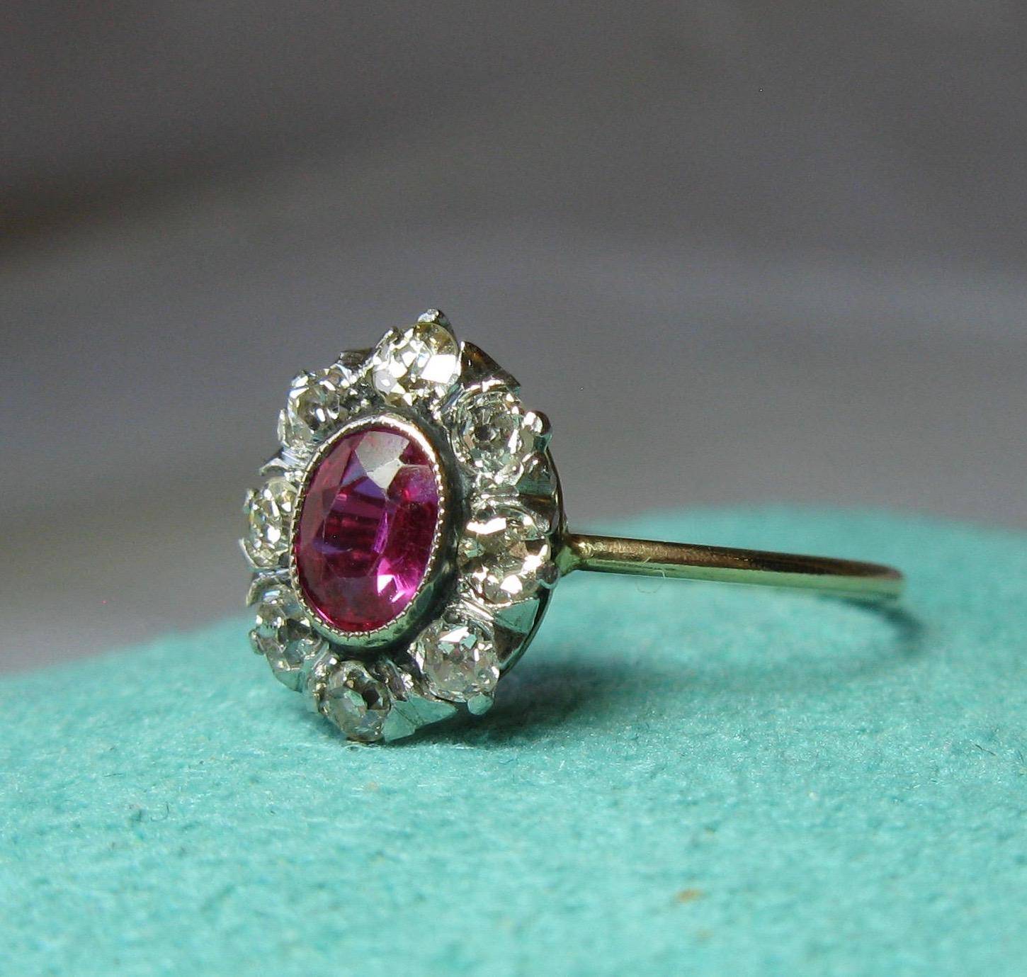 Women's Victorian Ruby Ring Old Mine Cut Diamond Halo 14 Karat Gold Antique Engagement