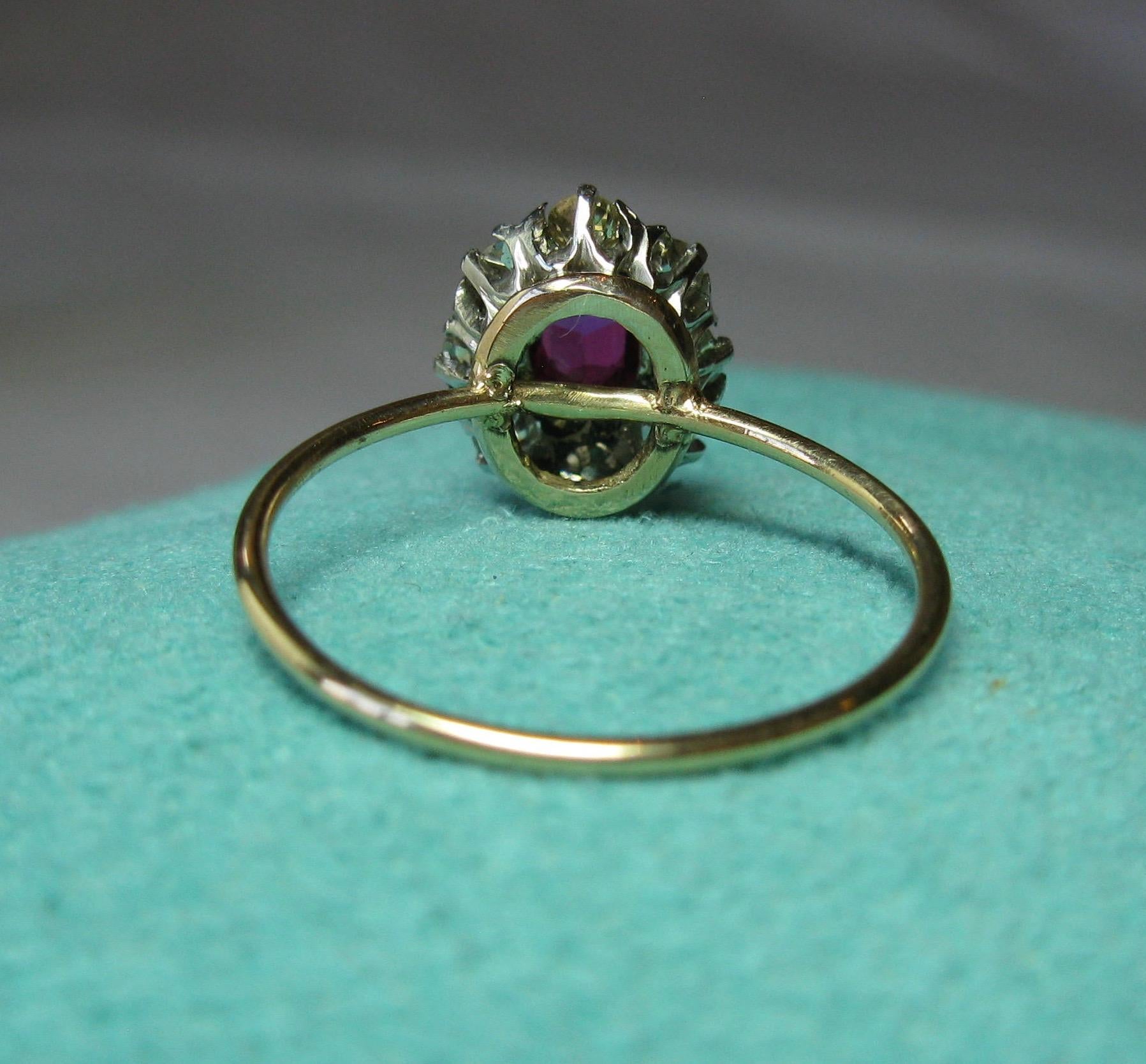 Victorian Ruby Ring Old Mine Cut Diamond Halo 14 Karat Gold Antique Engagement 1