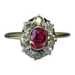 Victorian Ruby Ring Old Mine Cut Diamond Halo 14 Karat Gold Antique Engagement