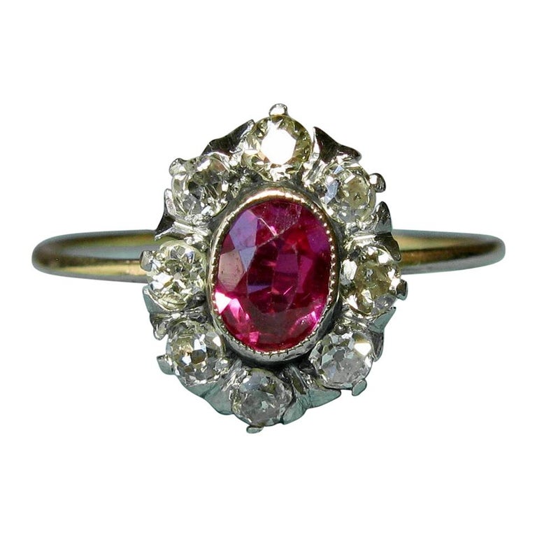 Victorian Ruby Ring Old Mine Cut Diamond Halo 14 Karat ...