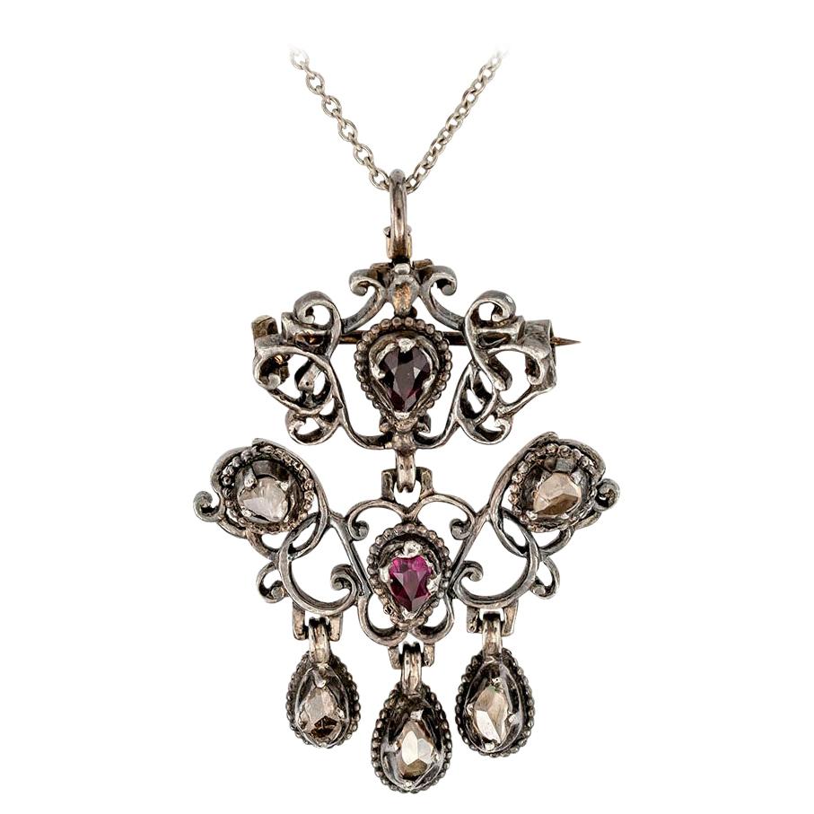 Victorian Ruby Rose Cut Diamond Silver Brooch Pendant