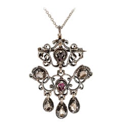 Victorian Ruby Rose Cut Diamond Silver Brooch Pendant
