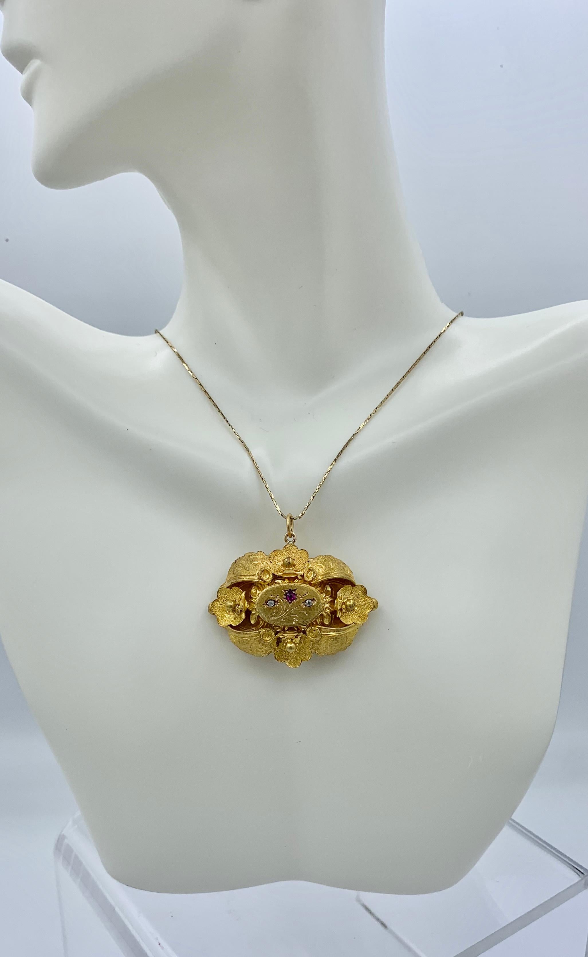 Rose Cut Victorian Ruby Rose Diamond Locket 14 Karat Gold Flower Motif Pendant Necklace For Sale