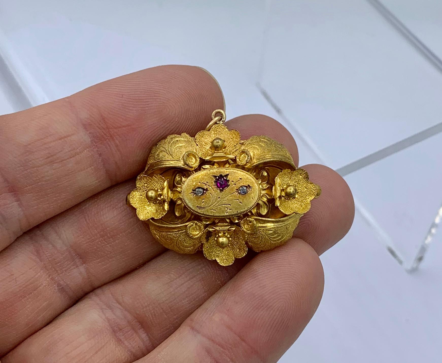 Victorian Ruby Rose Diamond Locket 14 Karat Gold Flower Motif Pendant Necklace In Good Condition For Sale In New York, NY