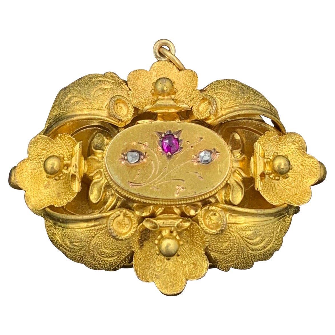 Victorian Ruby Rose Diamond Locket 14 Karat Gold Flower Motif Pendant Necklace
