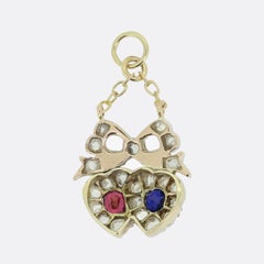 Victorian Ruby Sapphire and Diamond Double Heart Pendant
