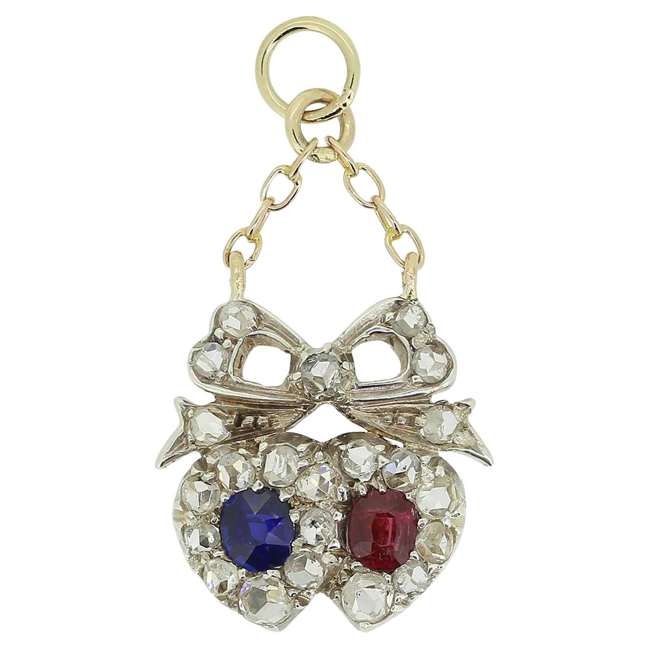 Victorian Ruby Sapphire and Diamond Double Heart Pendant