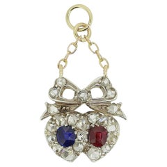 Victorian Ruby Sapphire and Diamond Double Heart Pendant