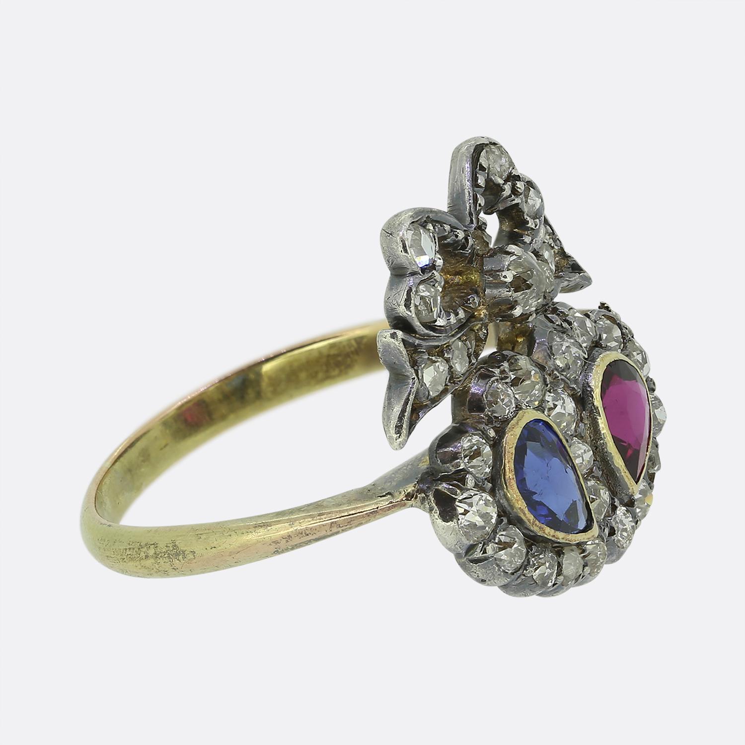 Old Mine Cut Victorian Ruby Sapphire and Diamond Double Heart Ring