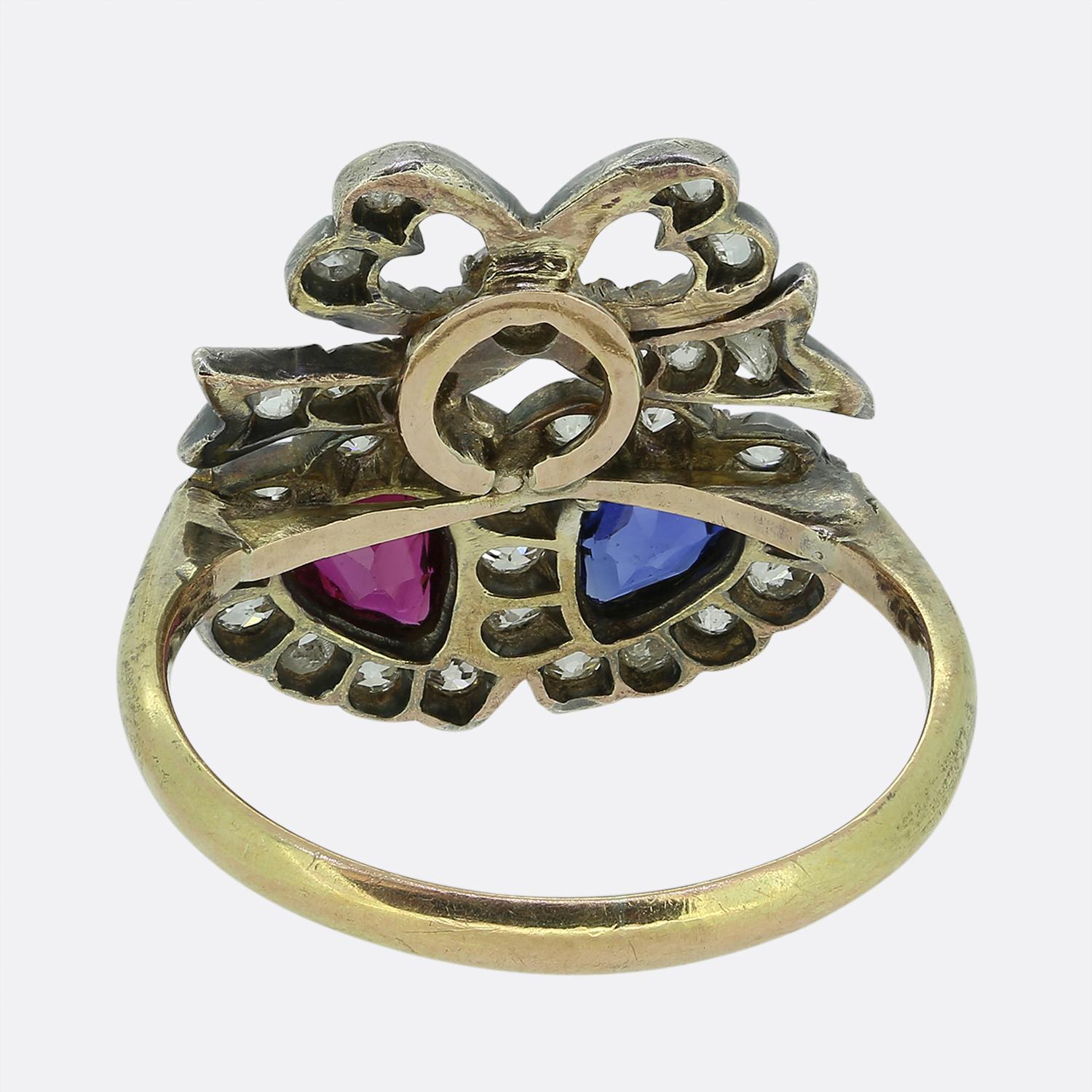 Victorian Ruby Sapphire and Diamond Double Heart Ring In Good Condition In London, GB