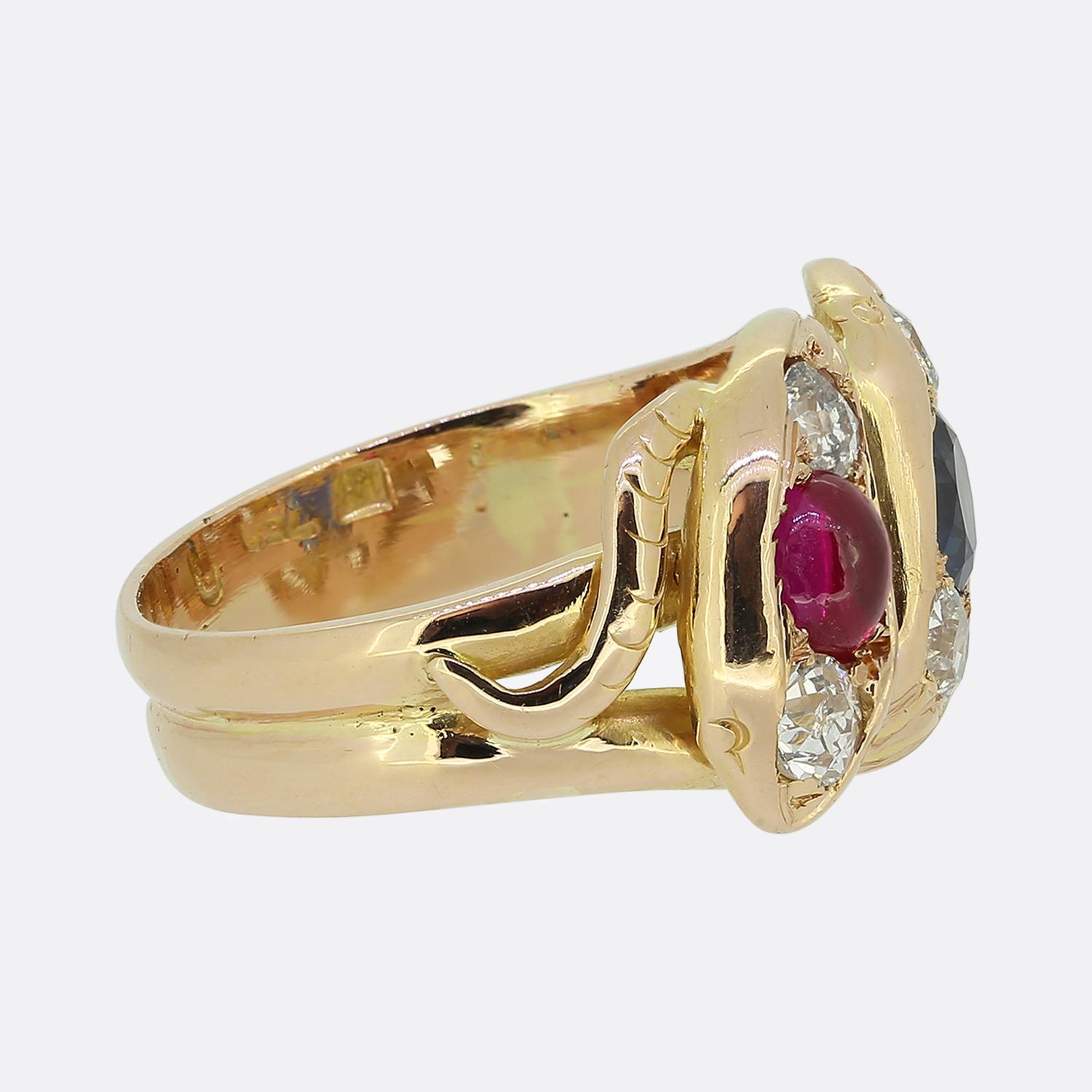 Round Cut Victorian Ruby Sapphire and Diamond Double Snake Ring For Sale