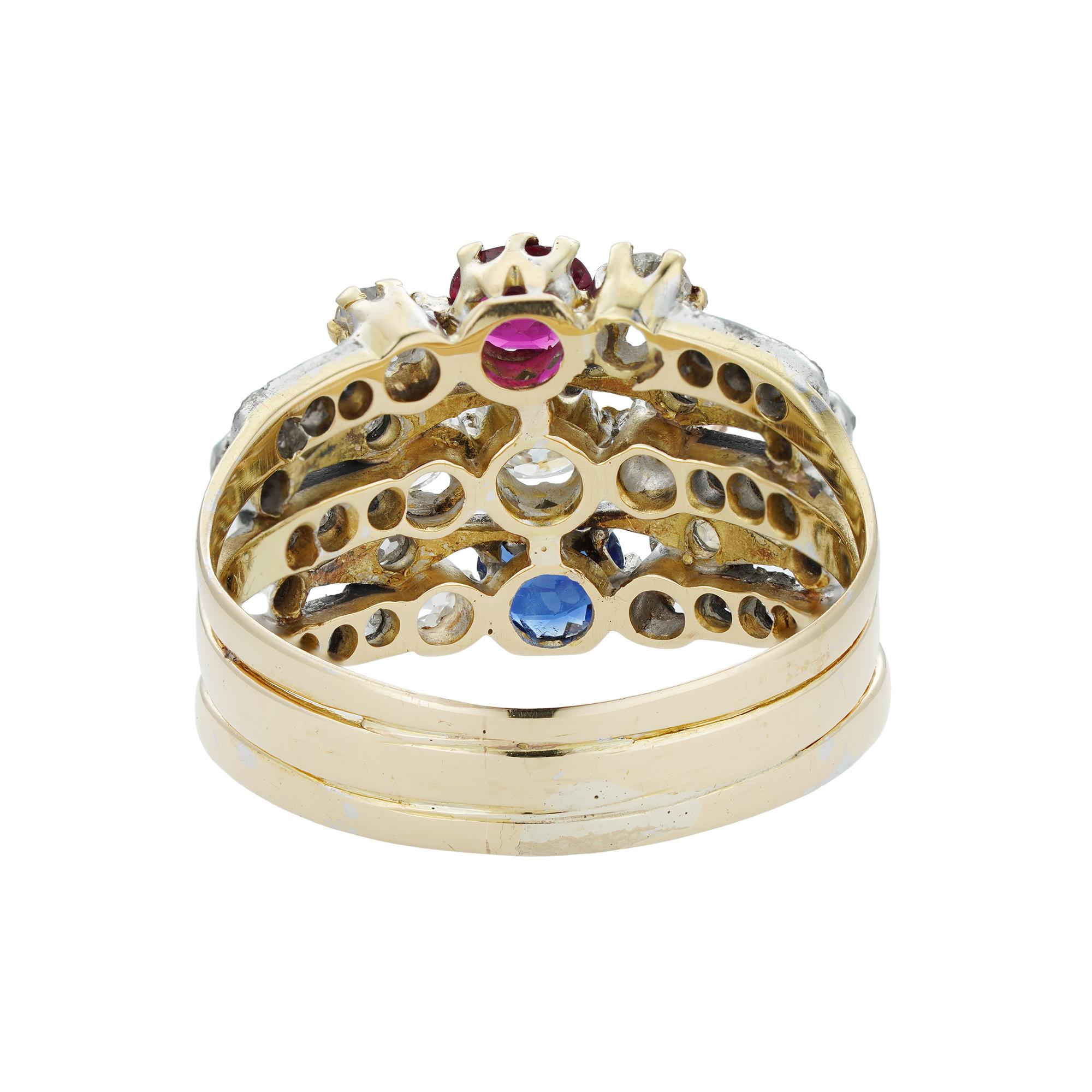 Old European Cut Victorian Ruby, Sapphire and Diamond Harem Ring