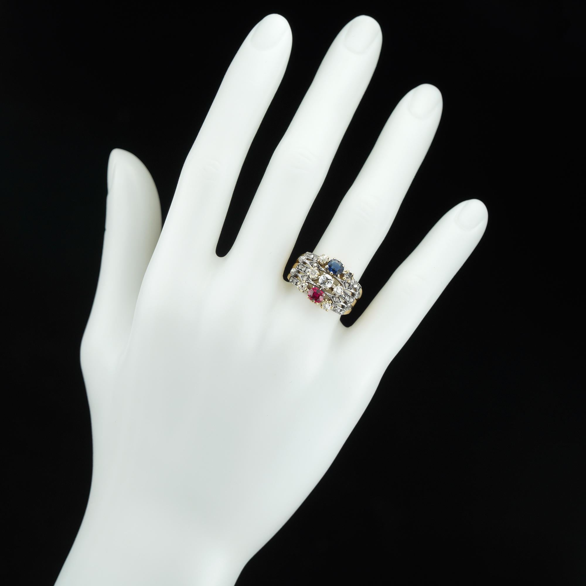 Women's or Men's Victorian Ruby, Sapphire and Diamond Harem Ring