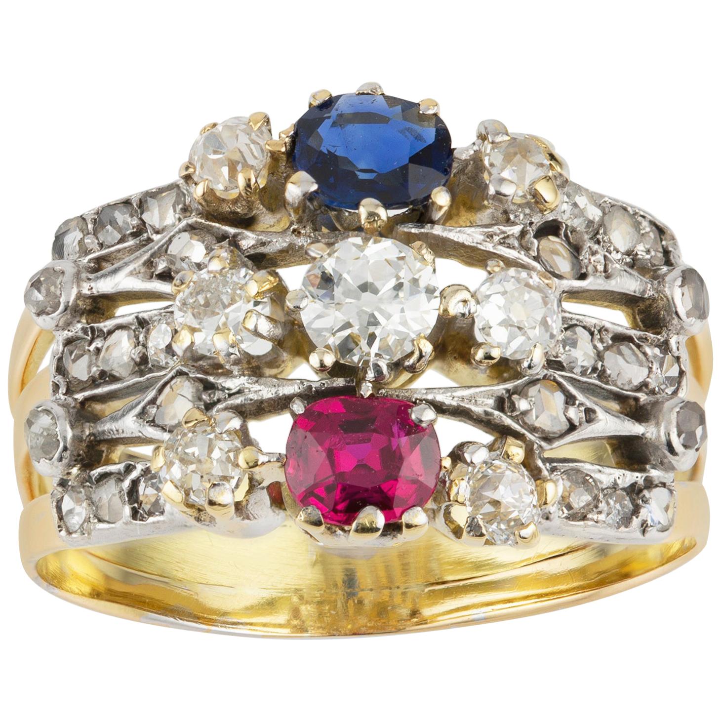Victorian Ruby, Sapphire and Diamond Harem Ring