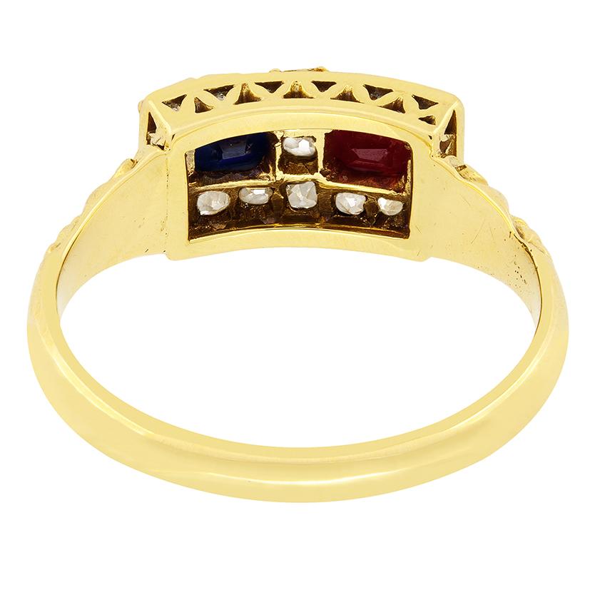 Taglio cuscino antico Anello vittoriano con rubino, zaffiro e diamante, 1880 circa in vendita
