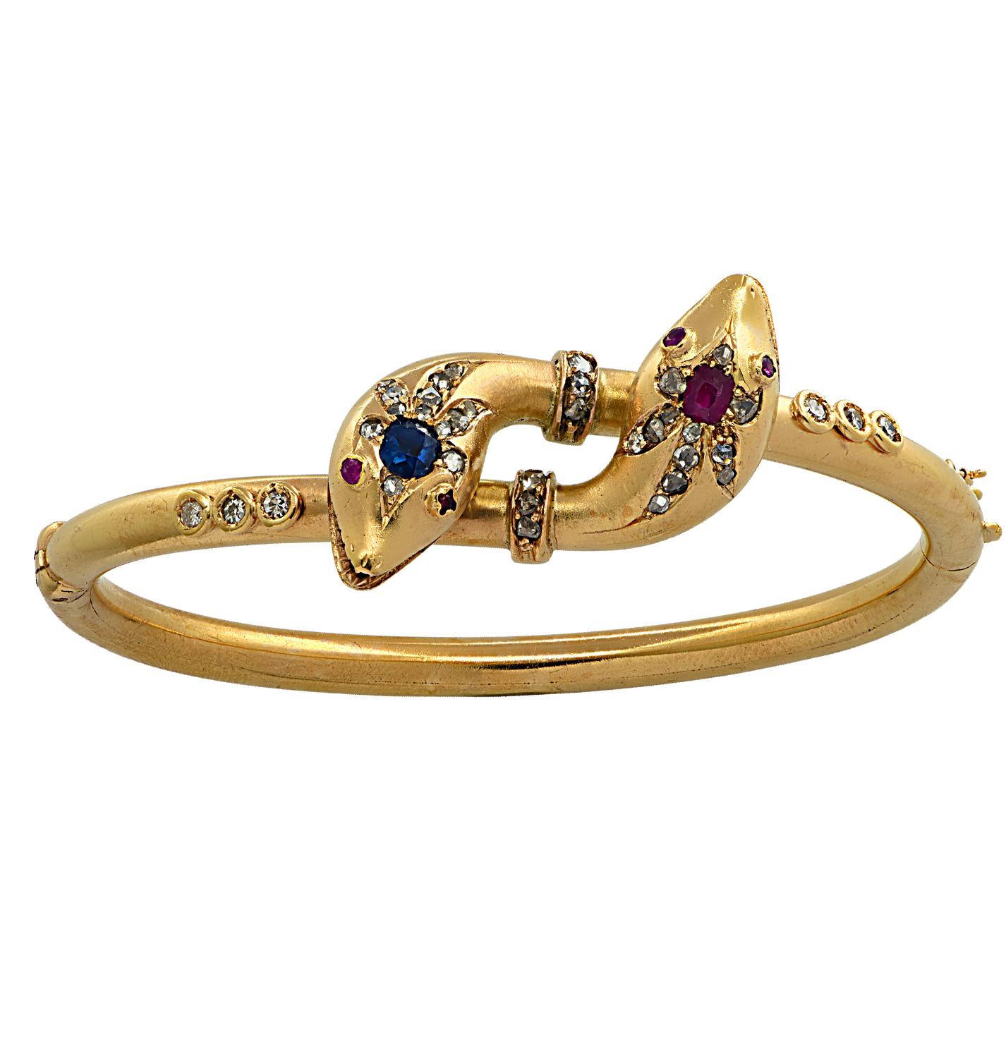 Victorian Ruby, Sapphire and Diamond Snake Bypass Bangle Bracelet In Good Condition In Miami, FL