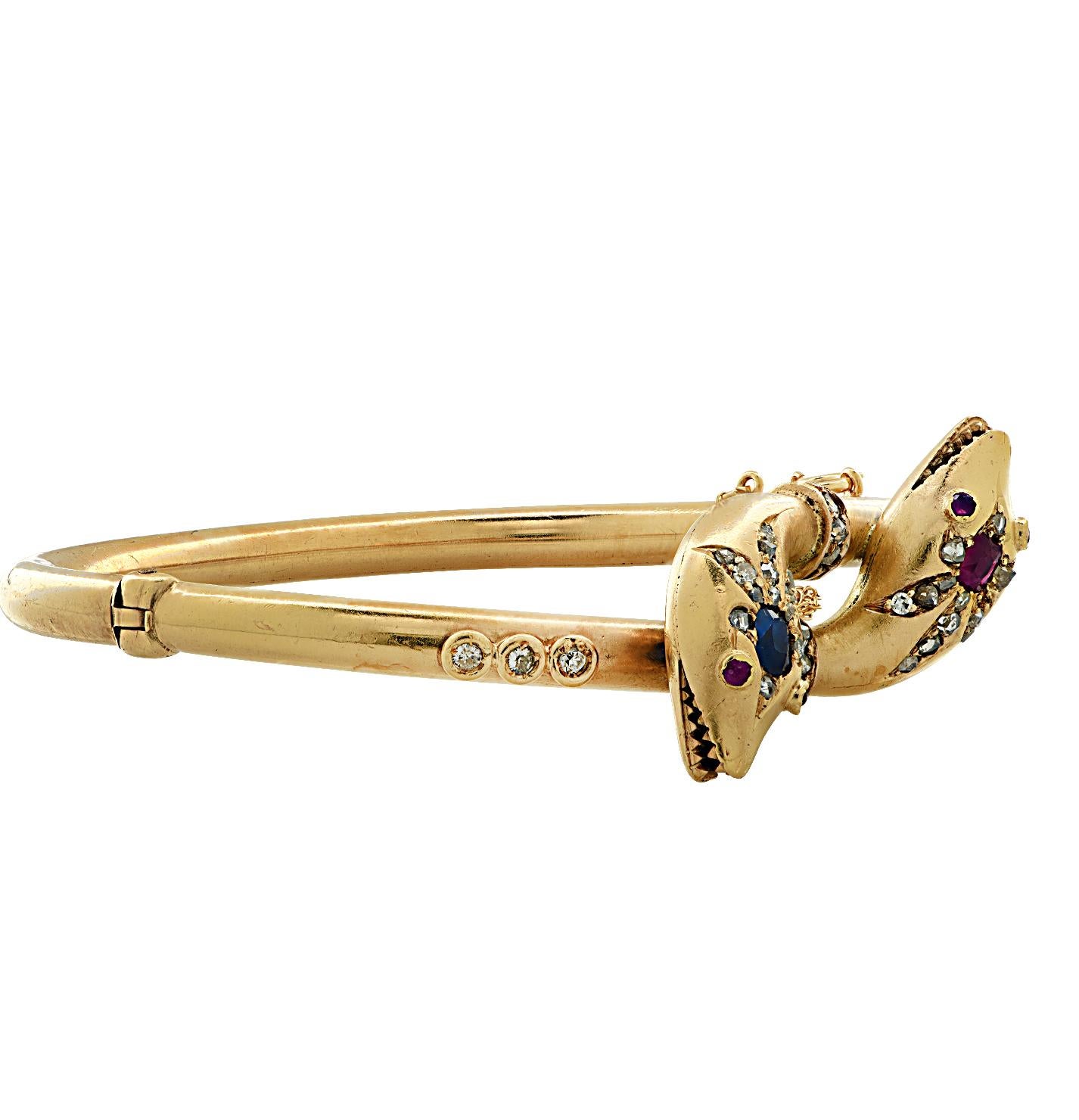 Women's Victorian Ruby, Sapphire and Diamond Snake Bypass Bangle Bracelet
