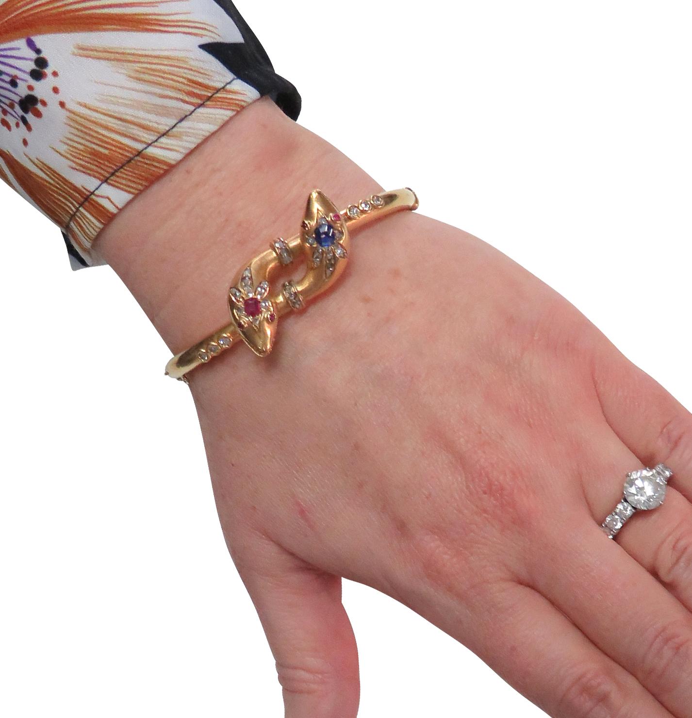 Victorian Ruby, Sapphire and Diamond Snake Bypass Bangle Bracelet 1