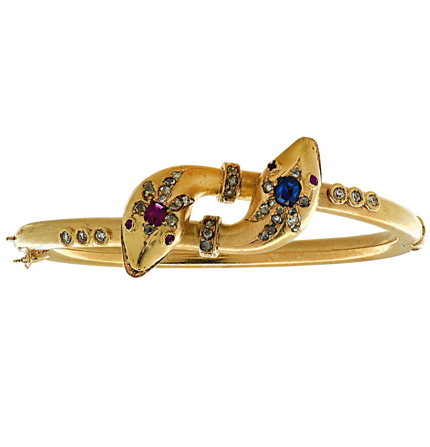 Victorian Ruby, Sapphire and Diamond Snake Bypass Bangle Bracelet 2
