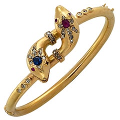Victorian Ruby, Sapphire and Diamond Snake Bypass Bangle Bracelet