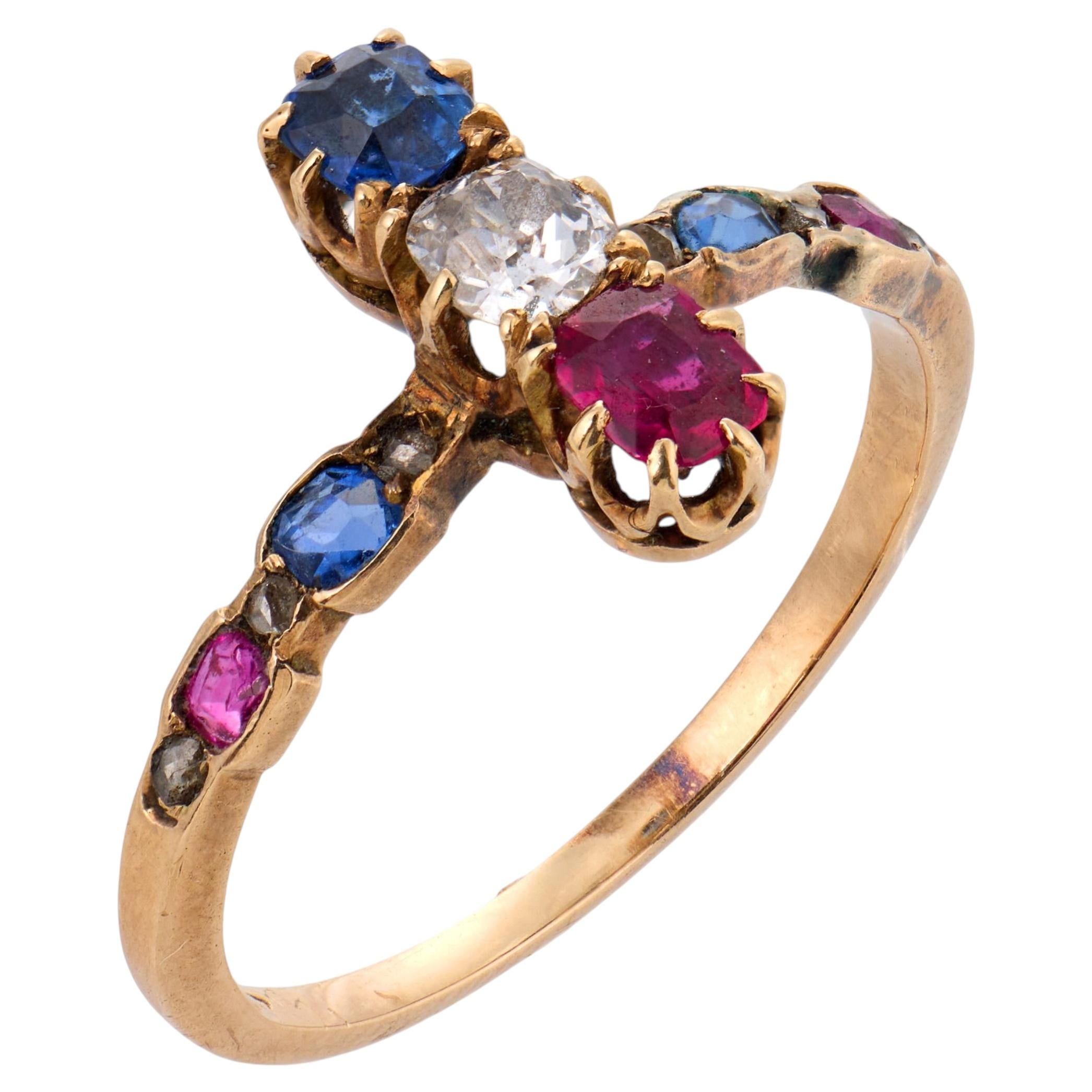 Victorian ruby sapphire diamond 14k yellow gold ring For Sale