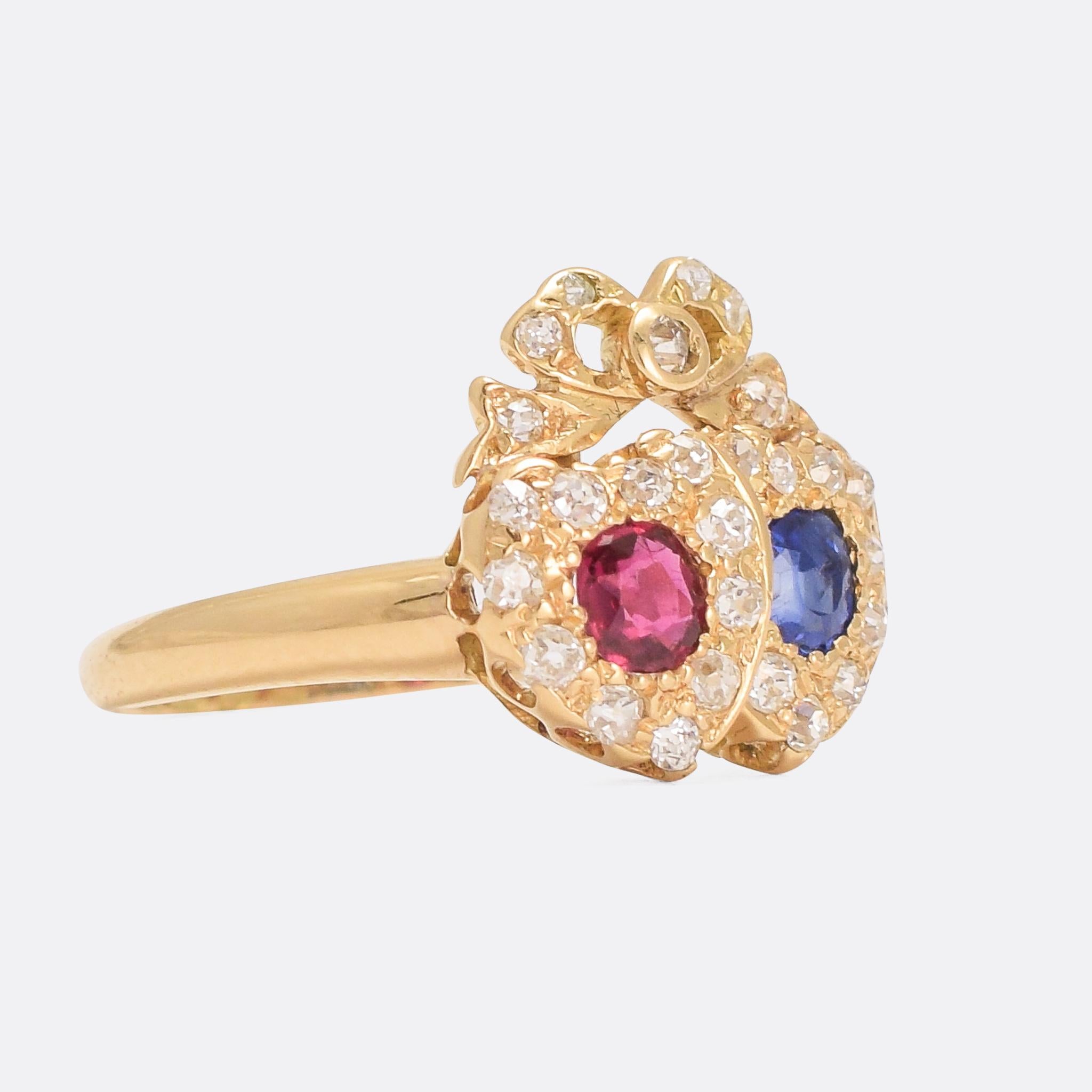 A particularly lovely bowed double heart ring dating from the late 19th Century. It was a popular motive in the Victorian era, full of romantic sentiment and often gifted to a bride on her wedding day. This example is finely worked, and set with a