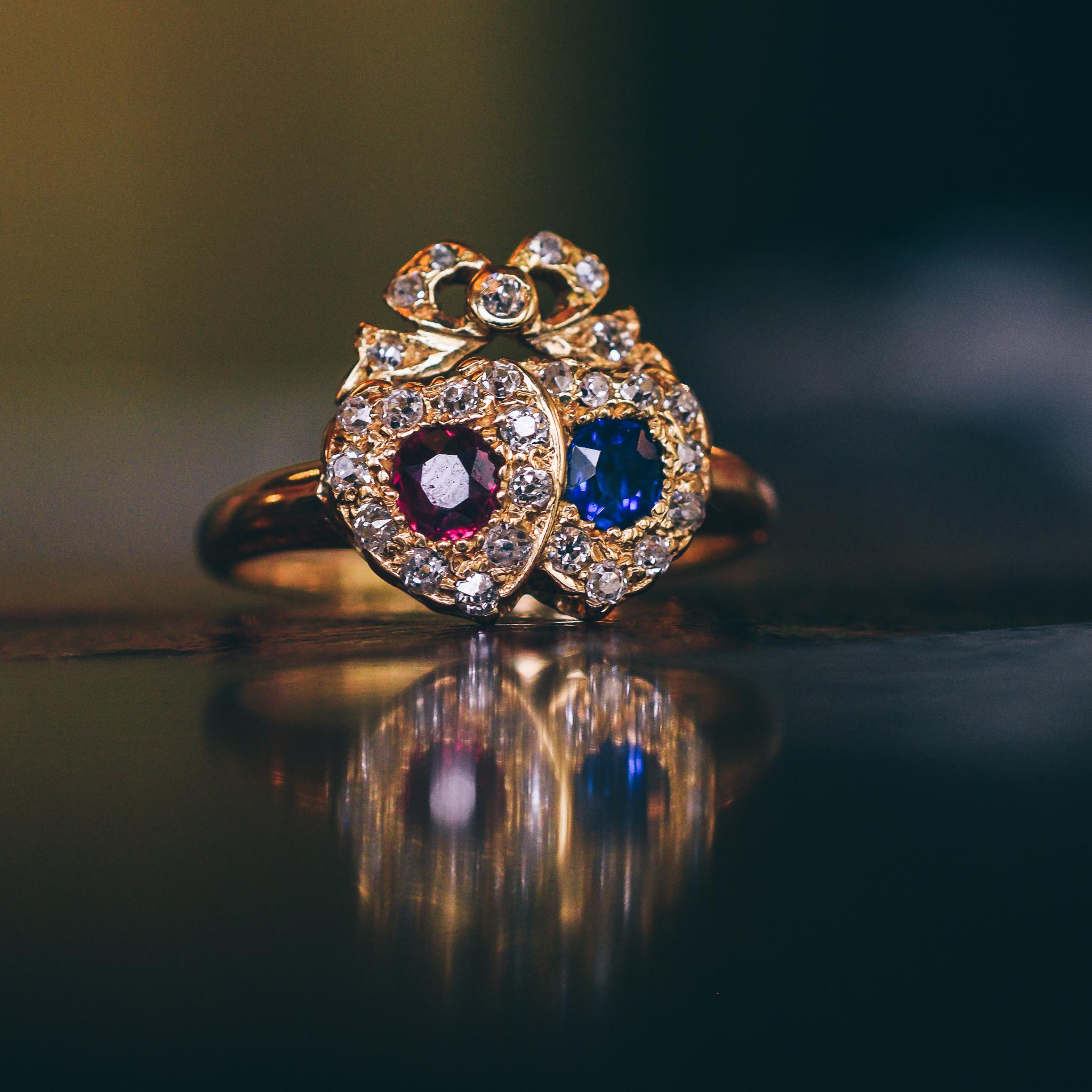 Victorian Ruby Sapphire and Diamond Bowed Double Heart Ring 2