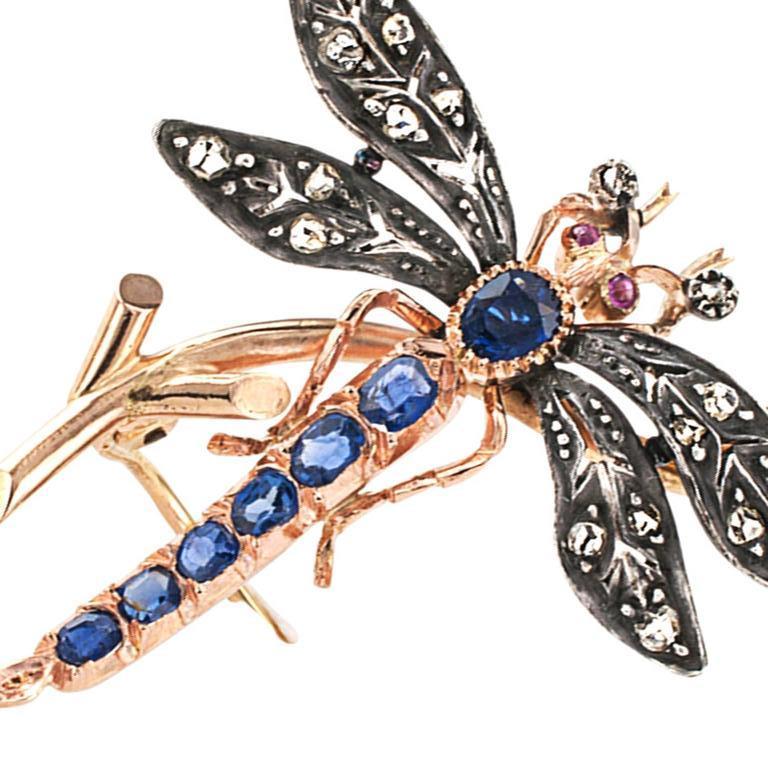 Victorian Ruby Sapphire Diamond Silver Gold Dragonfly Brooch In Excellent Condition In Los Angeles, CA