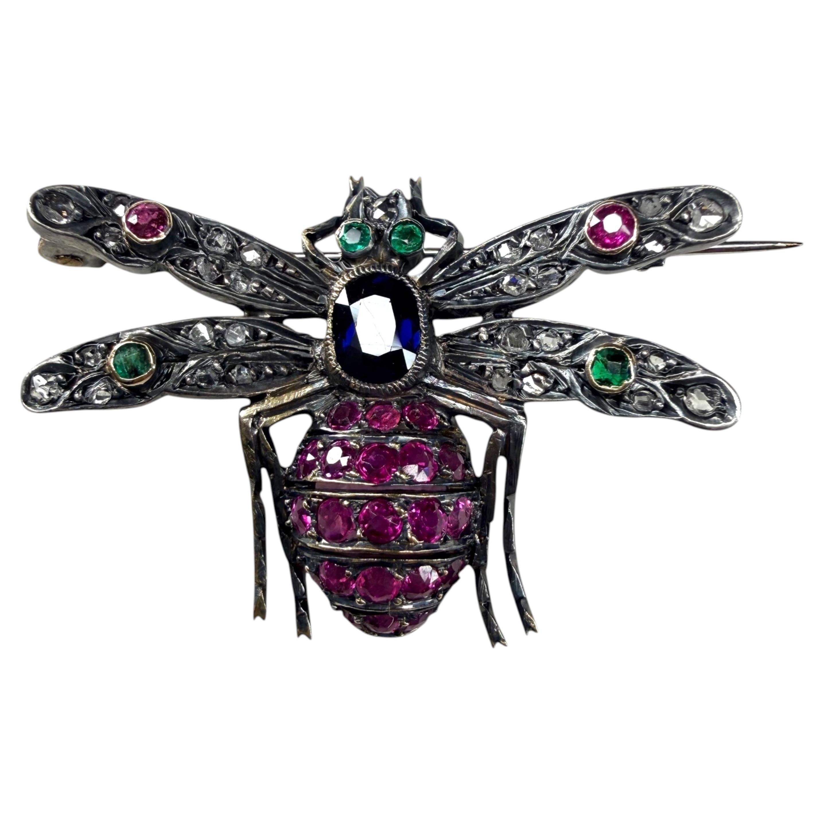 Victorian Ruby, Sapphire, Emerald and Diamond Insect Brooch European, late 19th