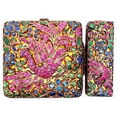 Antique Victorian Ruby Sapphire Emerald Demantoid Silver Gold Plated Powder Lipstick Set