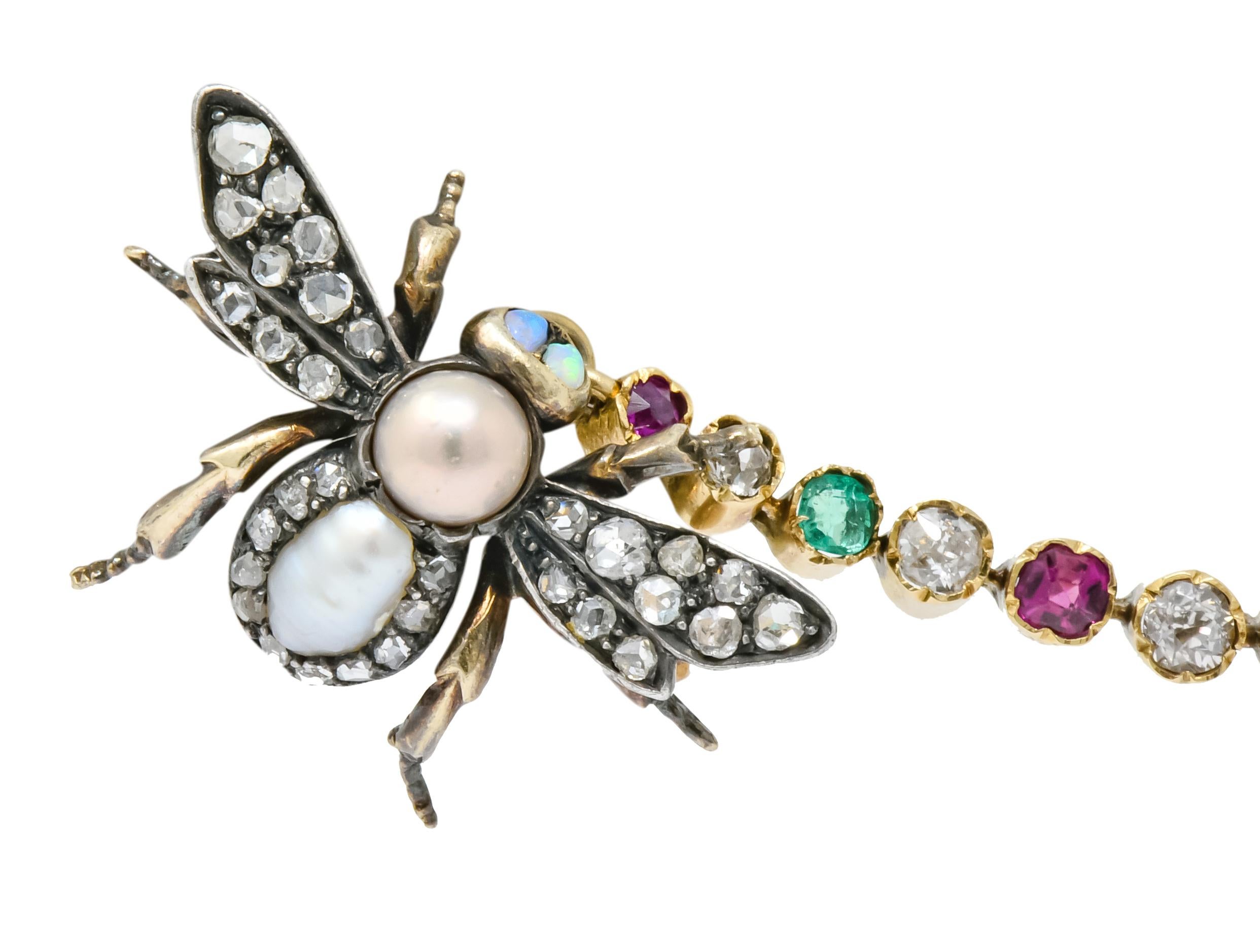 Victorian Ruby Sapphire Multi-Gem Silver-Topped 14 Karat Gold Insect Brooch Pins In Excellent Condition In Philadelphia, PA