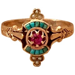 Victorian Ruby, Turquoise and See Pearl 14 Karat Yellow Gold Ring